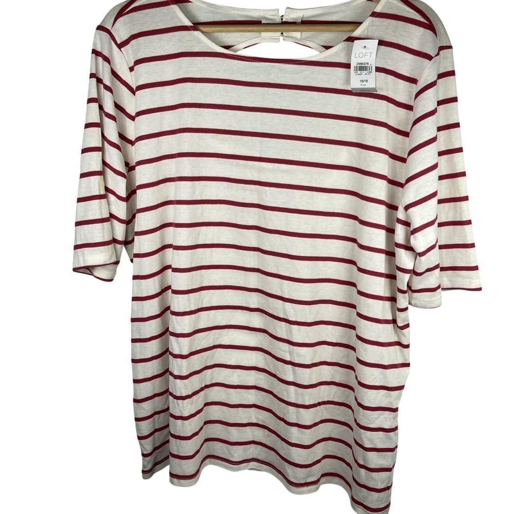 Loft Striped Top Womens 16/18 Red White Cotton Blend Keyhole Back Preppy Chic